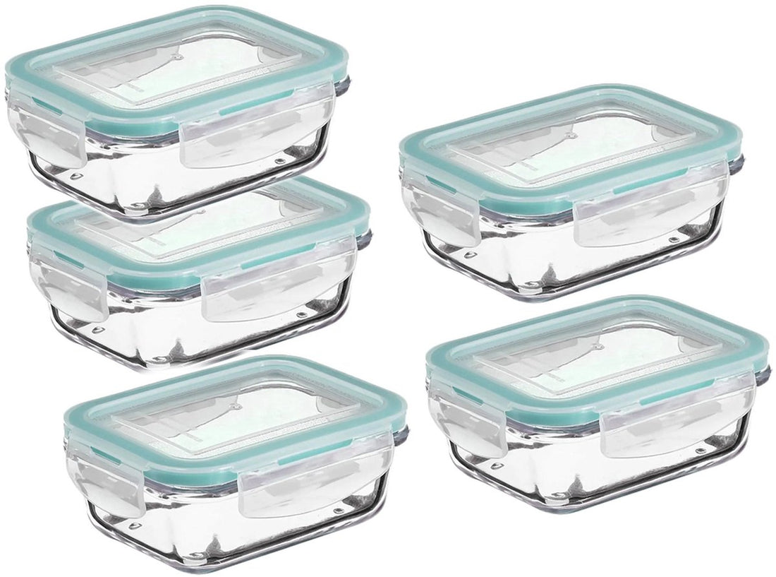 Set of 5 Crystal Glass Lunch Boxes – 800 ml Food Containers with Light Blue Rim – Glass Lunch Box for Salads, Meals, or Meal Prep – 18.5 x 12.5 x 6 cm