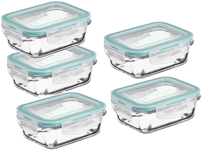 Set van 5 Kristalglas Lunchboxen – 800 ml Vershoudbakjes met Lichtblauw Randje – Glazen Lunchbox voor Salade, Maaltijden of Meal Prep – 18,5 x 12,5 x 6 cm
