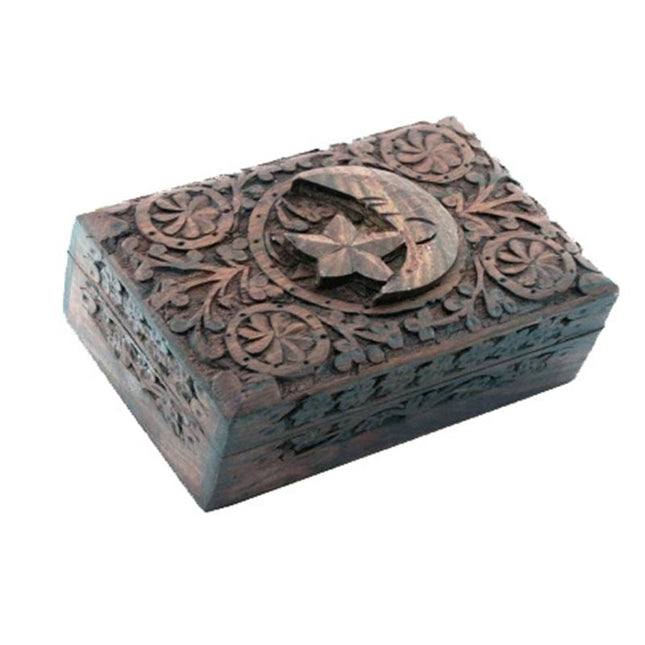 Boîte à bijoux Lune et étoile en bois sculpté