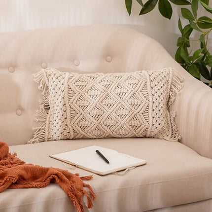 Coussin décoratif Atmosphera Macramé Ibiza pour intérieur - 2x - blanc ivoire - 30 x 50 cm - coton/polyester