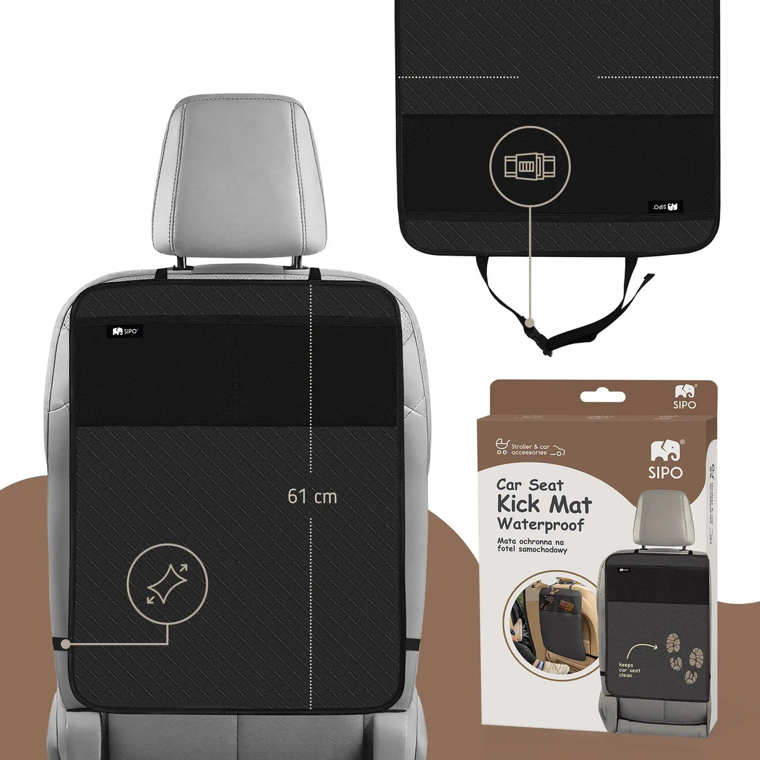 Sipo - Car Seat Protector for Kids - Kick Mat for Car Backseat - Protective Car Seat Mat with Storage Pockets - Universal Backrest Protector - Water-Repellent - approx. 61 x 43 cm - Black