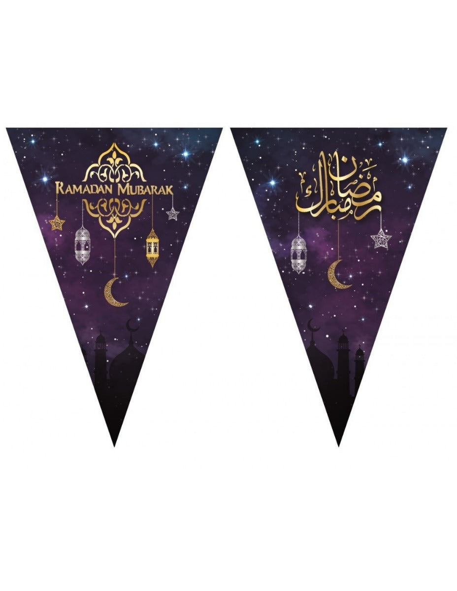 5 Meter Girlande - Ramadan Mubarak lila mit Goldfolienprägung