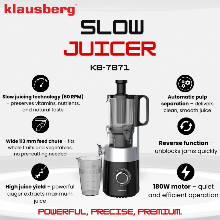 Klausberg KB-7871 Slow Juicer – Cold Press – Leiser vertikaler Entsafter mit breiter Einfüllöffnung – Obstpresse – Schwarz / Silber