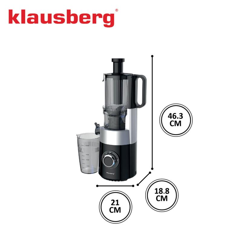Klausberg KB-7871 Slow Juicer – Cold Press – Leiser vertikaler Entsafter mit breiter Einfüllöffnung – Obstpresse – Schwarz / Silber