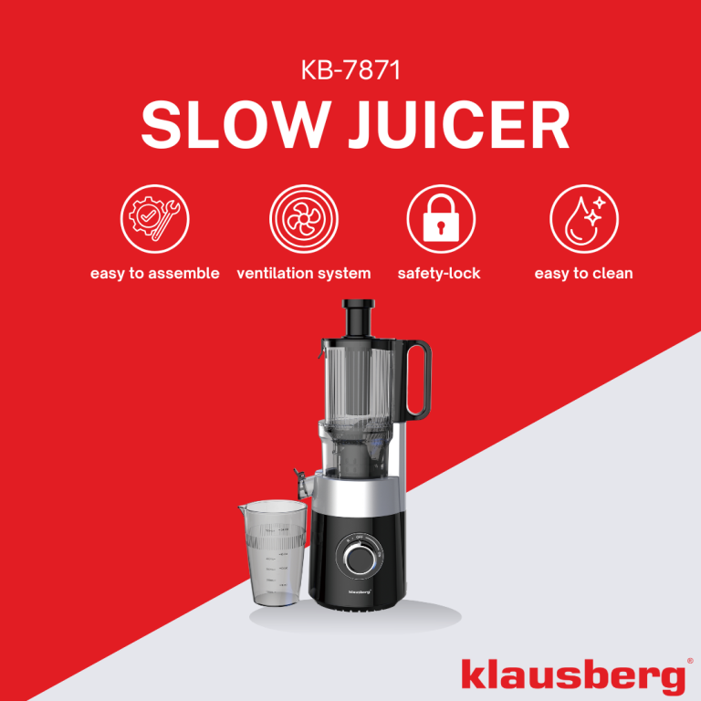 Klausberg KB-7871 Slow Juicer – Cold Press – Leiser vertikaler Entsafter mit breiter Einfüllöffnung – Obstpresse – Schwarz / Silber