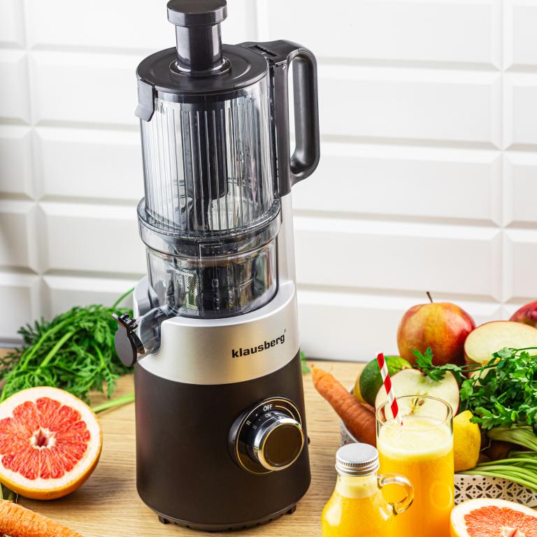 Klausberg KB-7871 Slow Juicer – Cold Press – Leiser vertikaler Entsafter mit breiter Einfüllöffnung – Obstpresse – Schwarz / Silber
