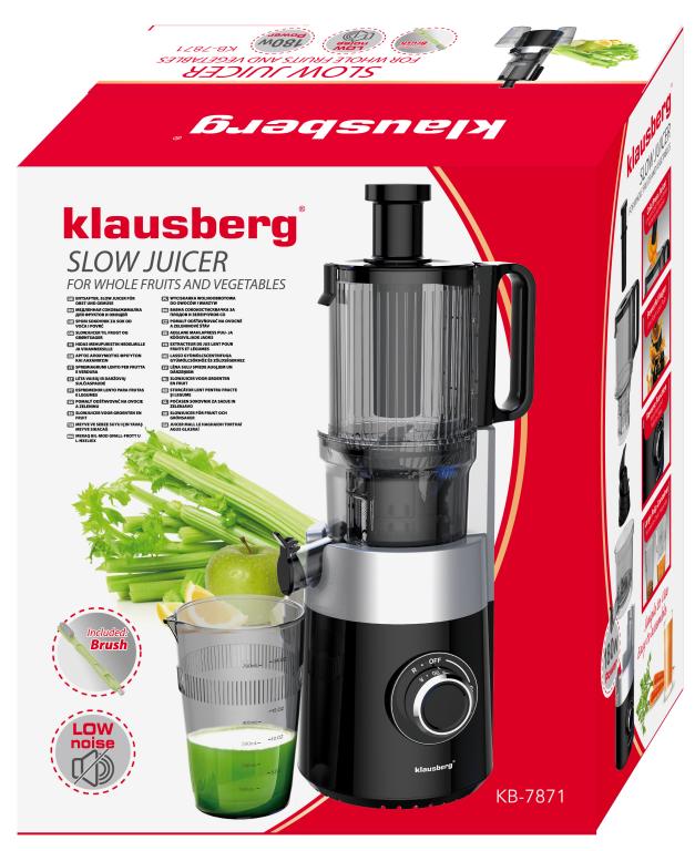 Klausberg KB-7871 Extracteur de jus – Pression à froid - Centrifugeuse verticale silencieuse avec large ouverture de remplissage – Pressoir à fruits - Noir/Argent