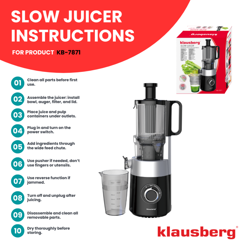 Klausberg KB-7871 Slow Juicer – Cold Press – Leiser vertikaler Entsafter mit breiter Einfüllöffnung – Obstpresse – Schwarz / Silber