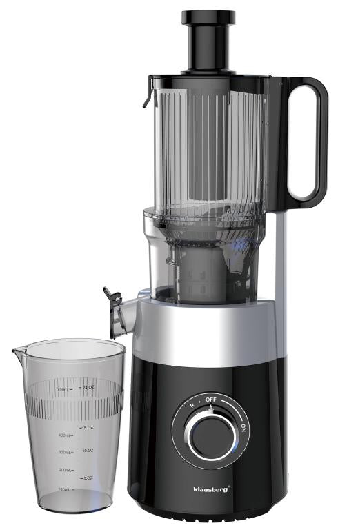 Klausberg KB-7871 Slow Juicer – Cold Press – Leiser vertikaler Entsafter mit breiter Einfüllöffnung – Obstpresse – Schwarz / Silber