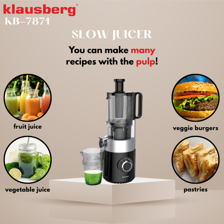 Klausberg KB-7871 Slow Juicer – Cold Press – Leiser vertikaler Entsafter mit breiter Einfüllöffnung – Obstpresse – Schwarz / Silber