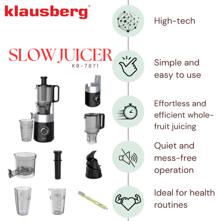 Klausberg KB-7871 Slow Juicer – Cold Press – Leiser vertikaler Entsafter mit breiter Einfüllöffnung – Obstpresse – Schwarz / Silber