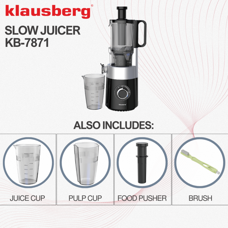 Klausberg KB-7871 Slow Juicer – Cold Press – Leiser vertikaler Entsafter mit breiter Einfüllöffnung – Obstpresse – Schwarz / Silber