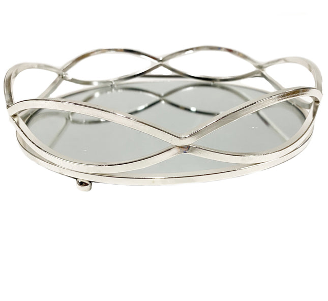Plateau miroir rond argenté ondulé