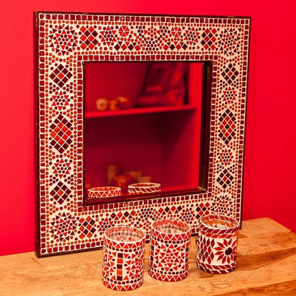 Miroir oriental avec cadre en mosaïque rouge-orange