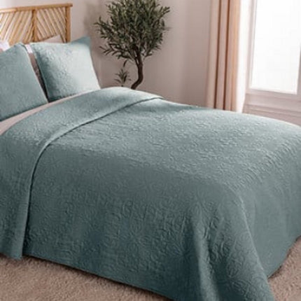 Jeté de lit Arabesque 240 x 260 cm - Bleu Minéral - Avec 2 Taies d'Oreiller - Polyester - Couvre-lit - Dessus de lit -