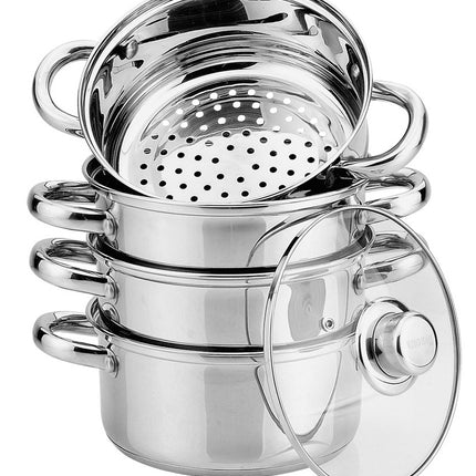 Cuit Vapeur - Couscoussier - Cuiseur Riz et Légumes 5 Pièces - Ø 18 cm - Acier Inoxydable avec Couvercle en Verre