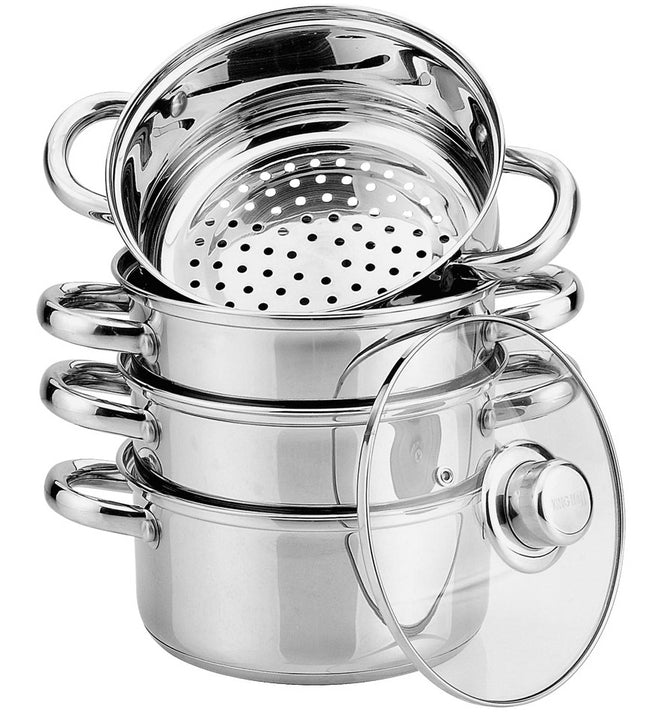 Cuit Vapeur - Couscoussier - Cuiseur Riz et Légumes 5 Pièces - Ø 18 cm - Acier Inoxydable avec Couvercle en Verre