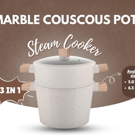 Couscoussier 3-en-1 - 6,5L - Induction et Tous Feux - Aluminium Moulé - Cuiseur Vapeur Riz & Légumes - Avec Passoire & Couvercle en Verre - Lavable au Lave-Vaisselle