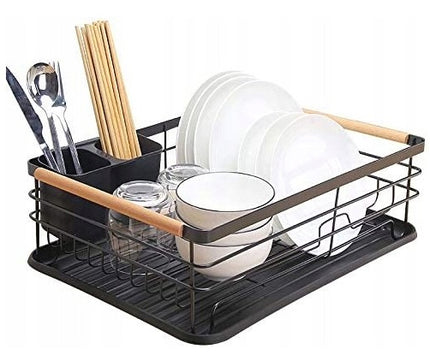 Égouttoir avec plateau d'égouttement amovible et poignées en bois