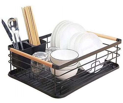 Égouttoir avec plateau d'égouttement amovible et poignées en bois