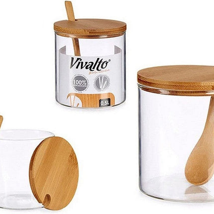 Sucrier en verre avec cuillère en bois de bambou et couvercle 520 ML