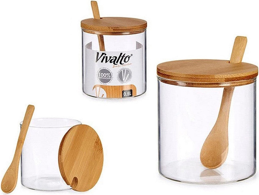 Glass sugar bowl with bamboo lid and spoon 520 ML
