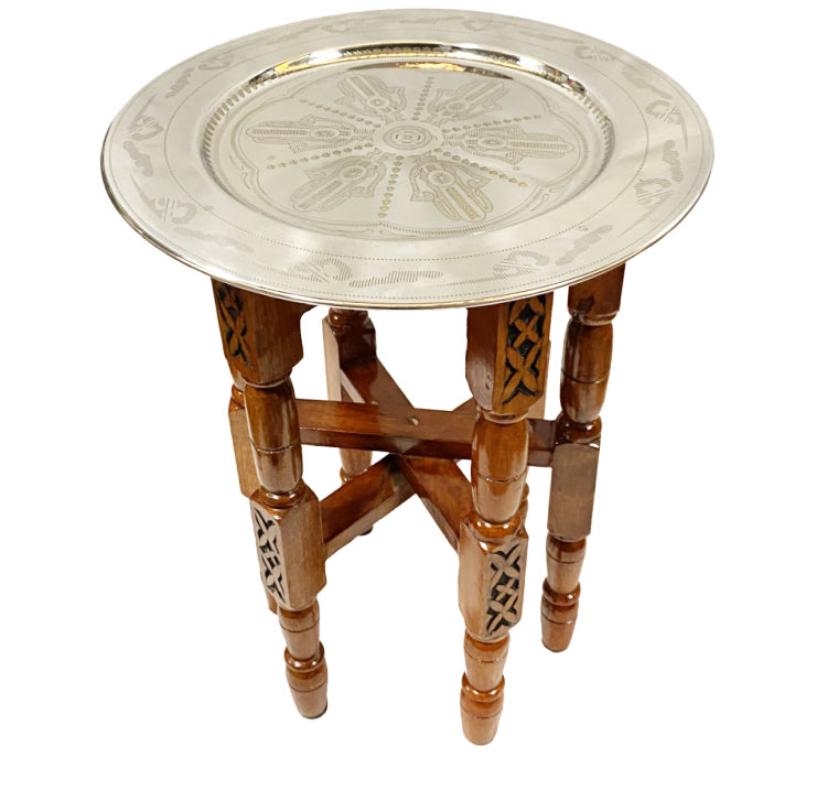 Foldable carved wood table base with tray