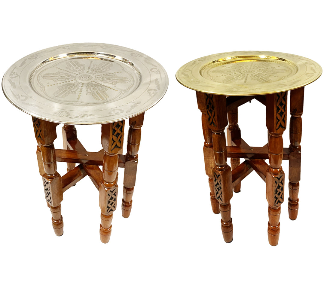 Foldable carved wood table base with tray