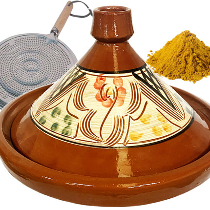 Tajine authentique marocaine en poterie 35 cm + Épices et diffuseur de chaleur