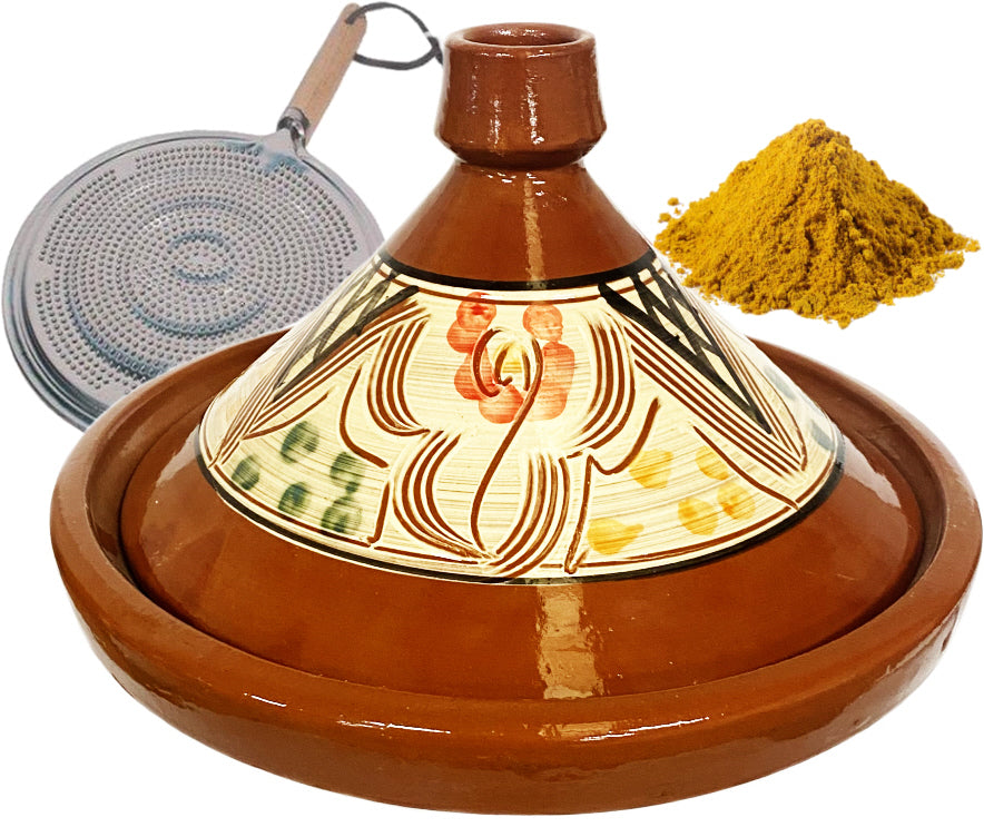 Marokkaanse tajine van aardewerk 35 cm – set met ras el hanout en vlamverdeler