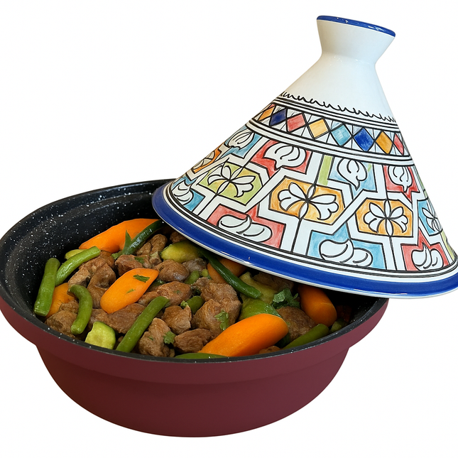 Tajine 30 cm – Peint à la main au Maroc – Céramique & Aluminium – Motif Mosaïque Andalouse