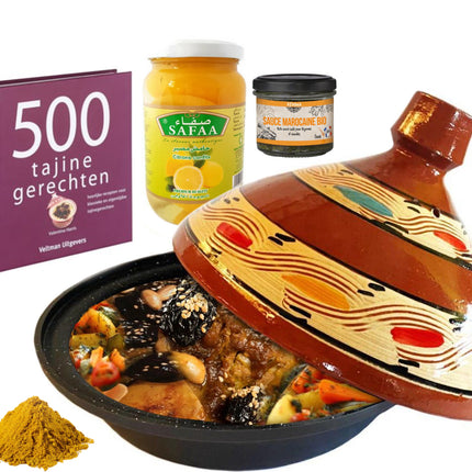 Coffret cadeau tajine de luxe complet. -livre de cuisine-épices-citrons confits
