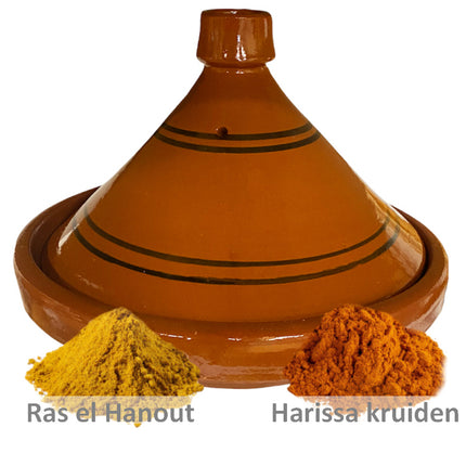 Tajine en poterie 30 cm avec épices Ras el hanout et Harissa