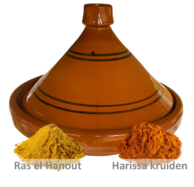 Tontajine 30 cm mit Ras el Hanout und Harissa Gewürzen