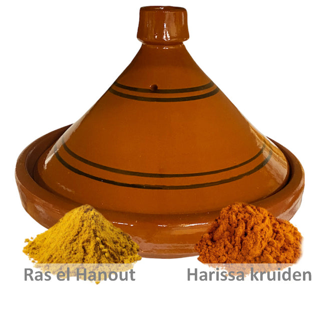 Tajine en poterie 30 cm avec épices Ras el hanout et Harissa