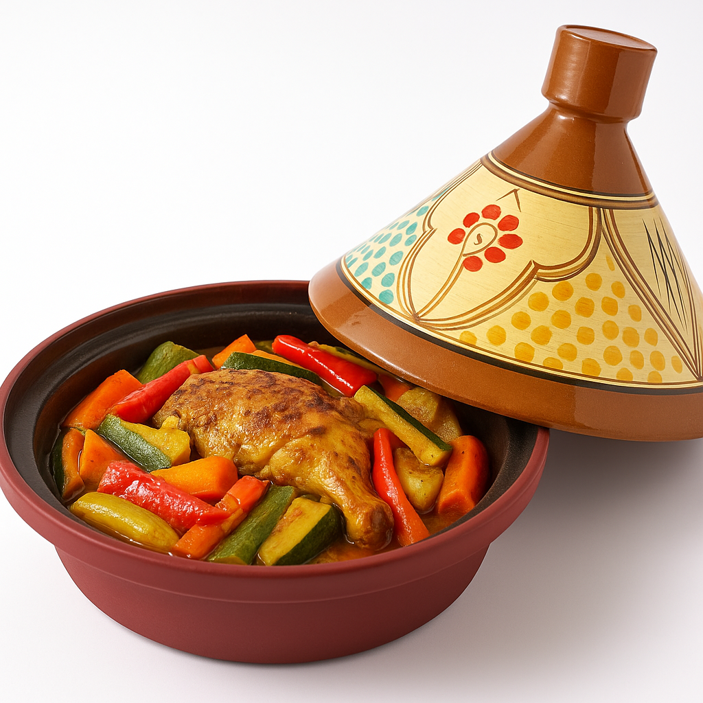 Tajine 30 cm – Marokkanisch Handbemalt – Steingut & Aluminium – Dunkelrot – Mehrfarbiges Motiv