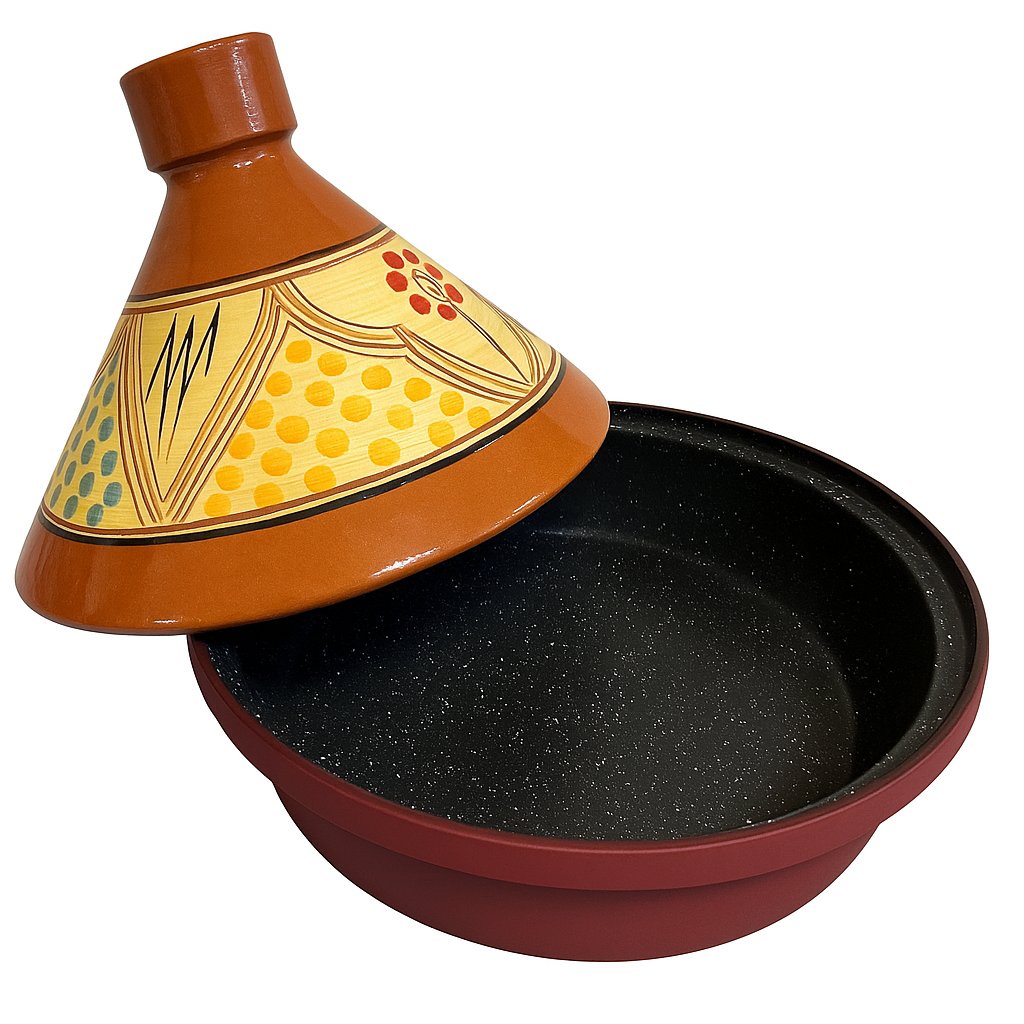 Tajine 30 cm – Marokkanisch Handbemalt – Steingut & Aluminium – Dunkelrot – Mehrfarbiges Motiv
