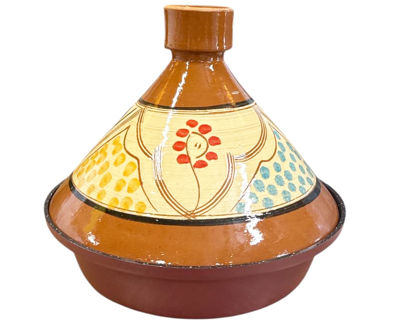 Tajine 30 cm – Marokkanisch Handbemalt – Steingut & Aluminium – Dunkelrot – Mehrfarbiges Motiv