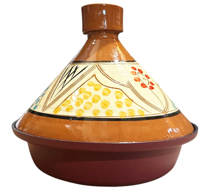Tajine 30 cm – Marokkanisch Handbemalt – Steingut & Aluminium – Dunkelrot – Mehrfarbiges Motiv
