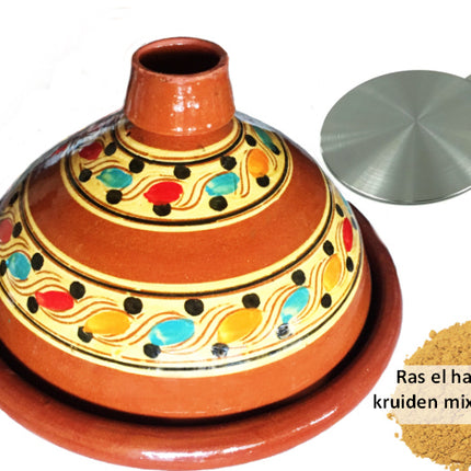 Lot avantageux : tajine en terre cuite de 35 cm, adaptateur pour induction + 190 g d'épices