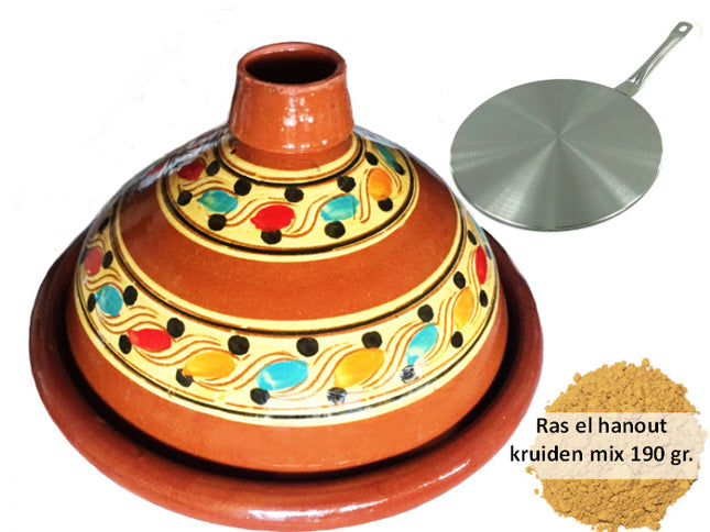 Lot avantageux : tajine en terre cuite de 35 cm, adaptateur pour induction + 190 g d'épices