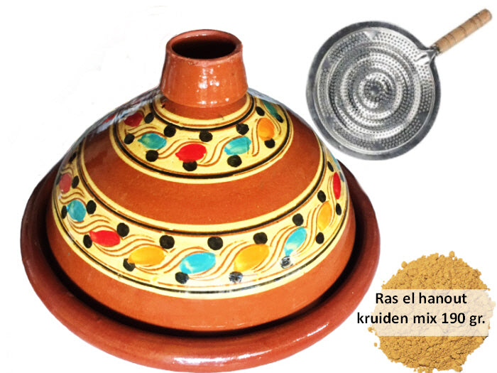 Actiepakket aardewerk tajine 30 cm – met ras el hanout en vlammenverdeler