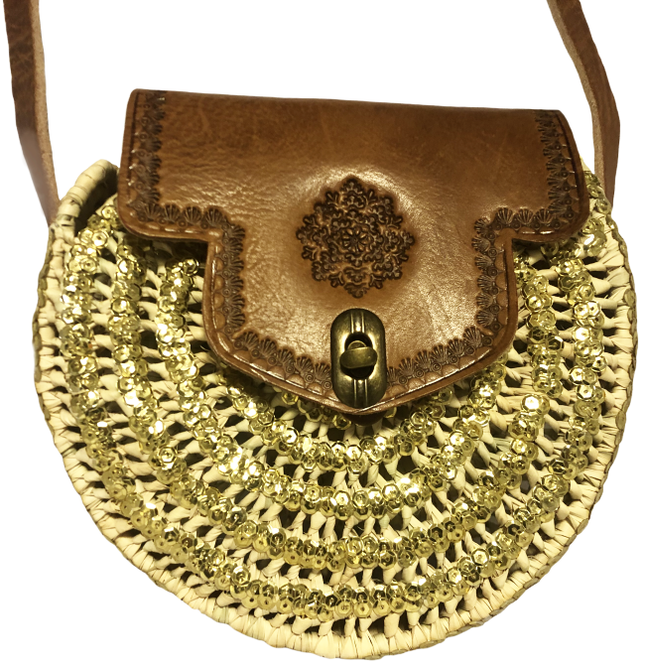 Sac bandoulière en raphia à paillettes dorées
