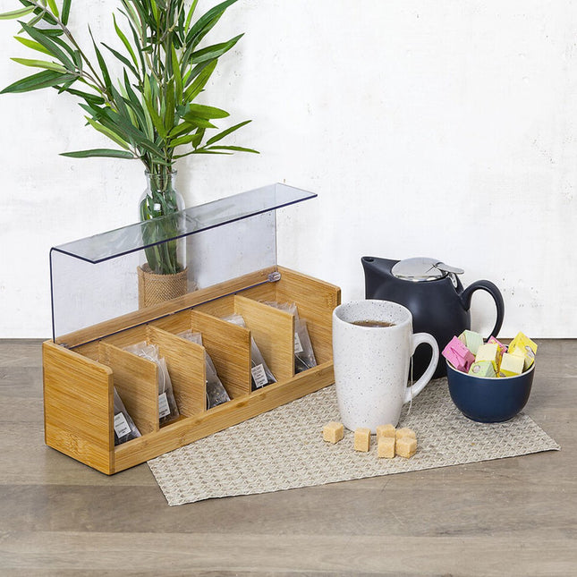 Boîte à thé brun clair avec couvercle - 5 compartiments - Bois de bambou