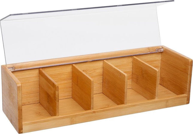 Boîte à thé brun clair avec couvercle - 5 compartiments - Bois de bambou