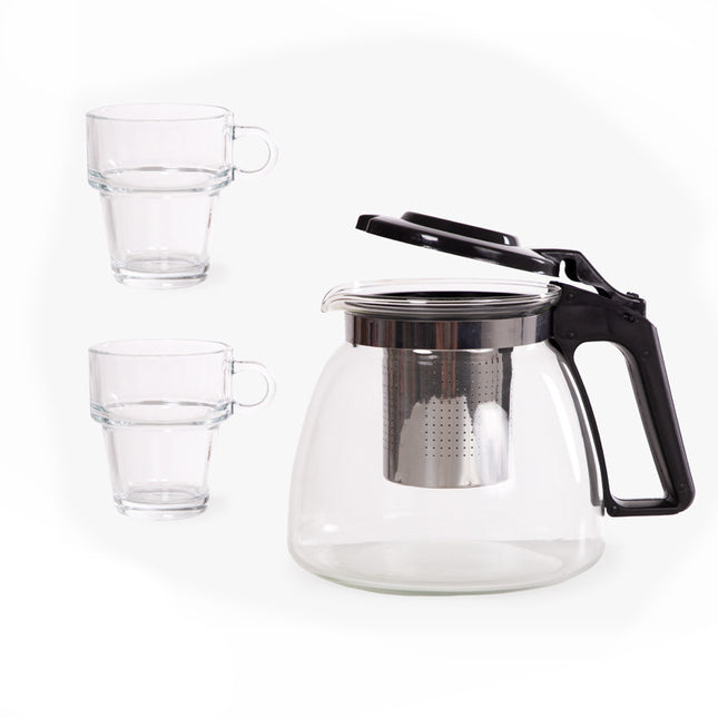 Théière 3 pièces de 900 ml et 2 tasses en verre de 270 ml
