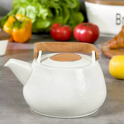 Théière en Porcelaine - 1,2 Litre, Design Élégant avec Poignée en Hêtre - Parfaite pour les Amateurs de Thé