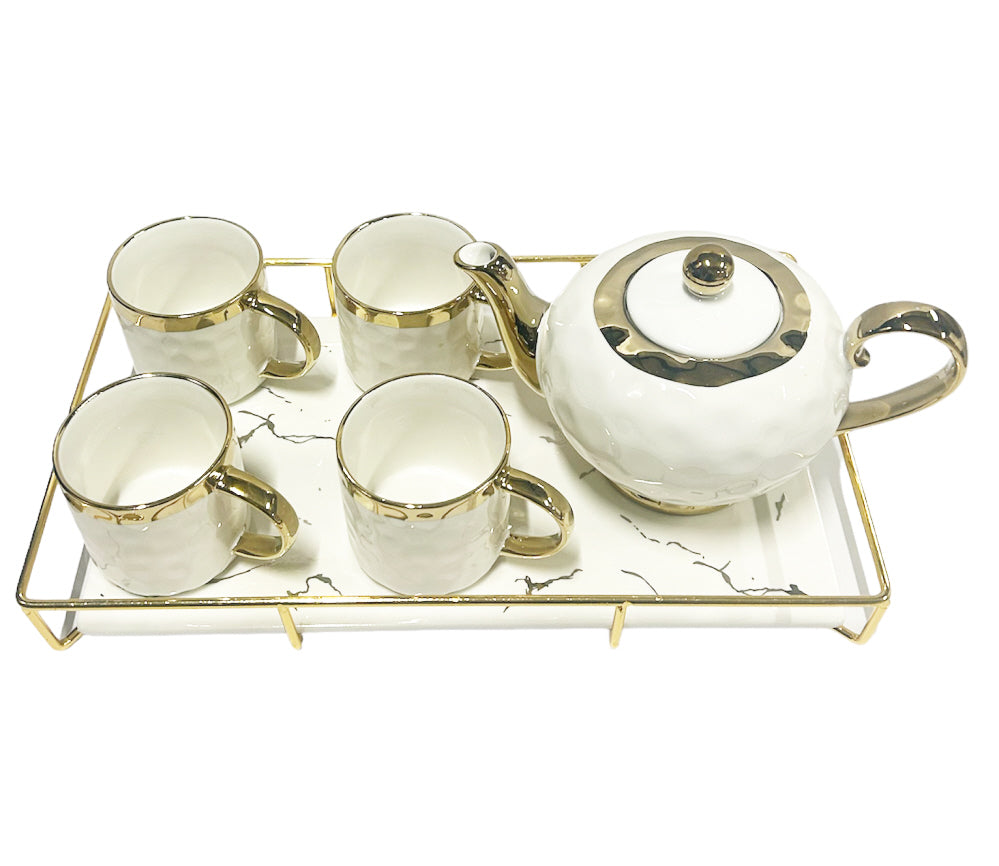 Porseleinen theeservies met gouden rand – theepot, 6 kopjes en dienblad – foto 5
