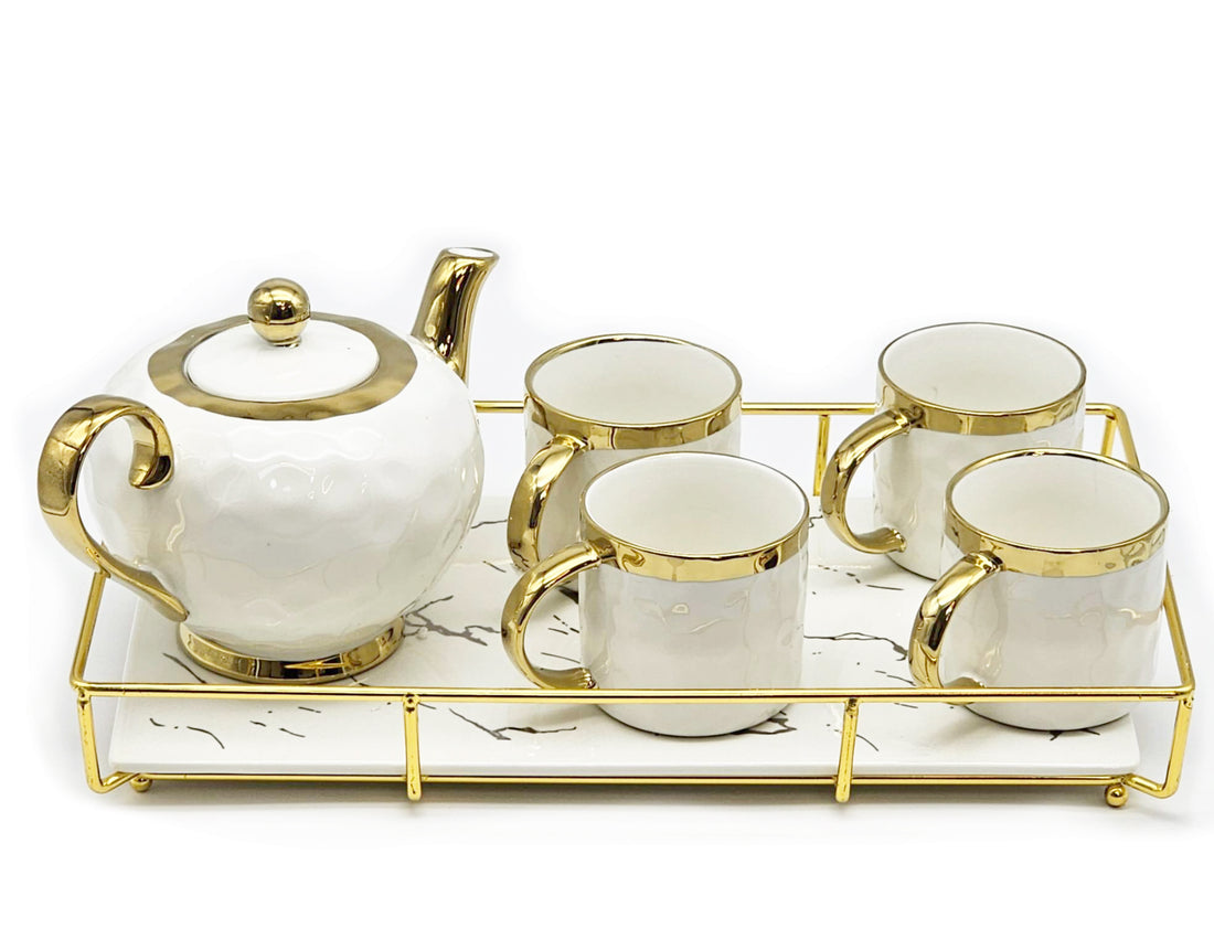 Porseleinen theeservies met gouden rand – theepot, 6 kopjes en dienblad – foto 3