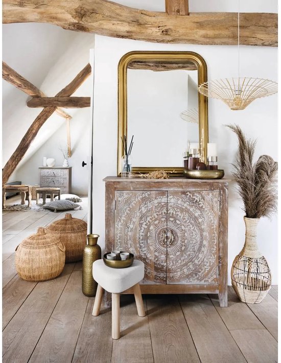 Thena Table d'appoint Tabouret - Pouf Tripode en Ivoire - 32x32x36 cm - Tabouret d'assise - Petite table d'appoint - Tabouret décoratif -